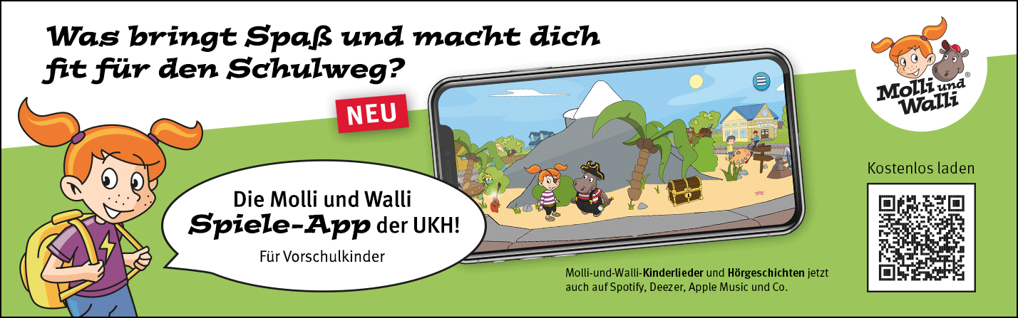 Was bringt Spaß und macht dich fit für den Schluweg? Die Molli und Walli Spiele-App der UKH – externe Seite für mehr Infos besuchen